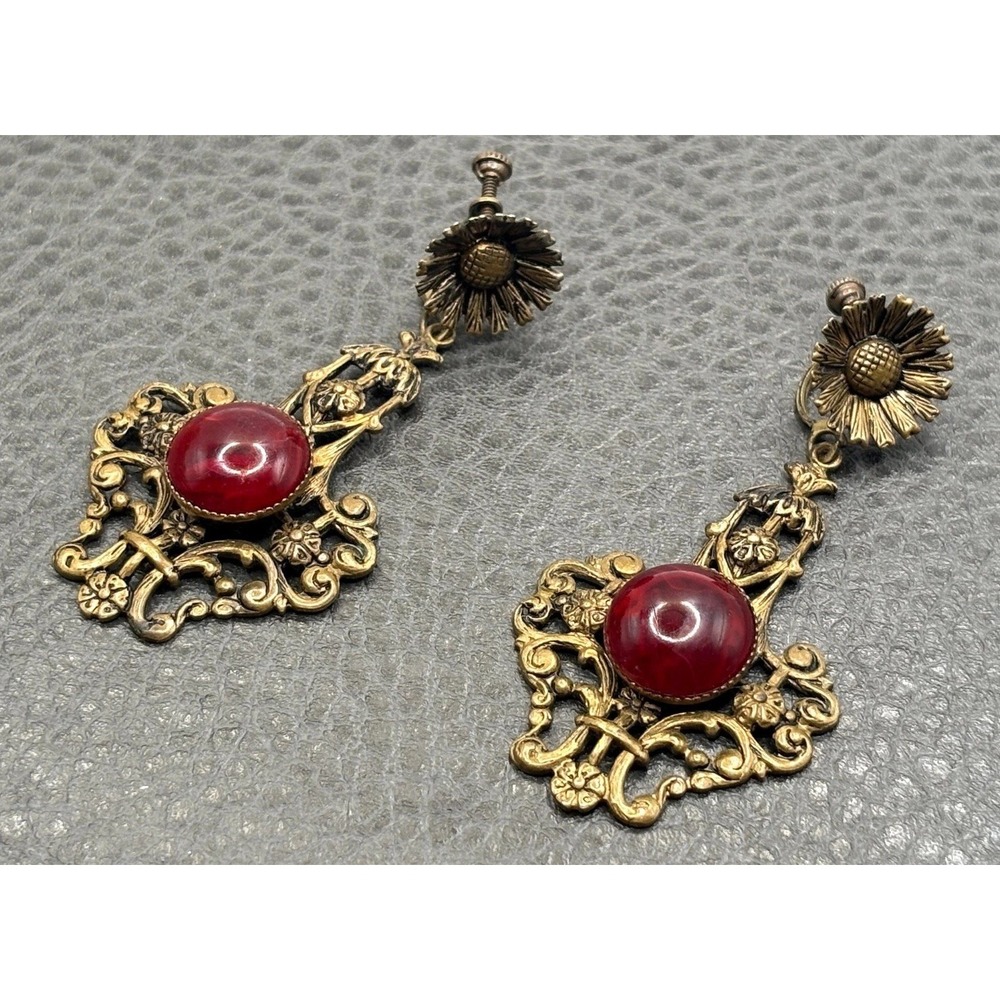 Vintage Czech Art Nouveau Deco Glass Cabochon Flower Dangle Earrings Brass Tone - Picture 7 of 10